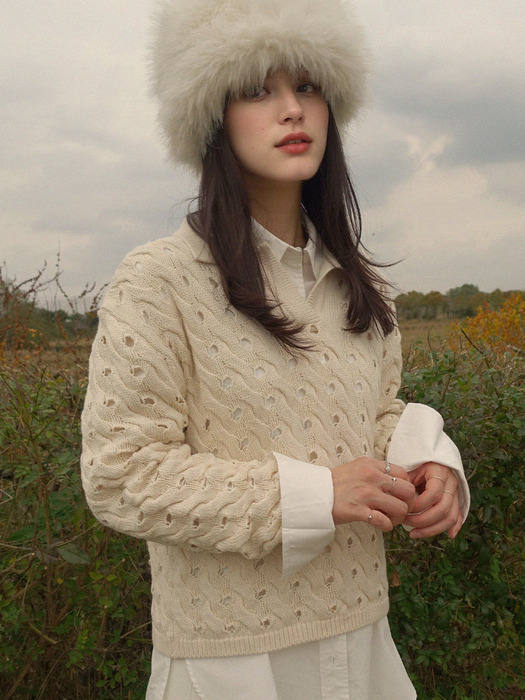 Overfit Crocher Collar Knit - Ivory