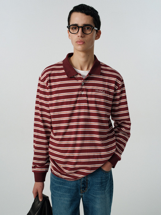 UNISEX MULTI STRIPE COLLARED T-SHIRT BURGUNDY STRIPE_M_UDTS5A109D2