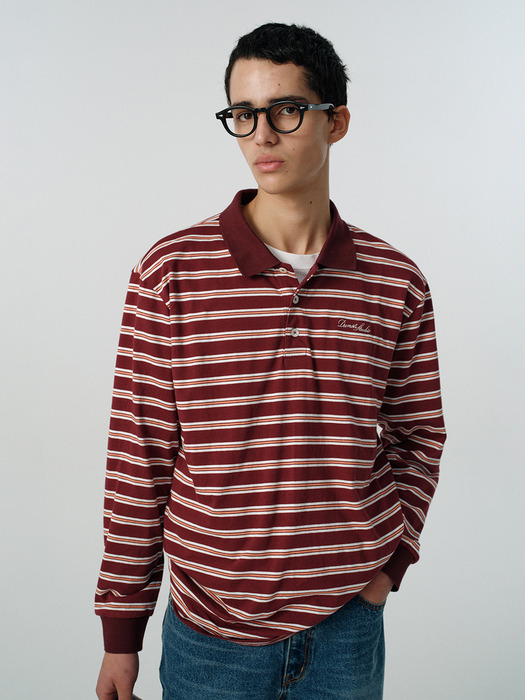 UNISEX MULTI STRIPE COLLARED T-SHIRT BURGUNDY STRIPE_M_UDTS5A109D2