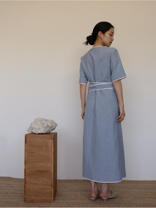 Piping linen robe(blue)