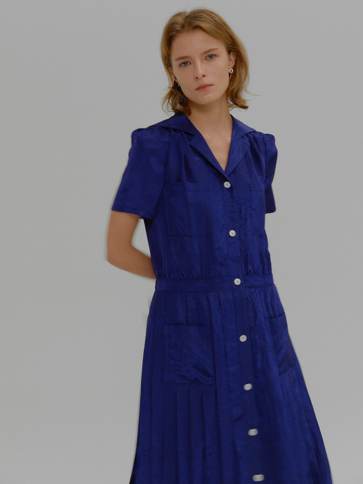 MALO Short-sleeve Pleats Shirt Dress Blue