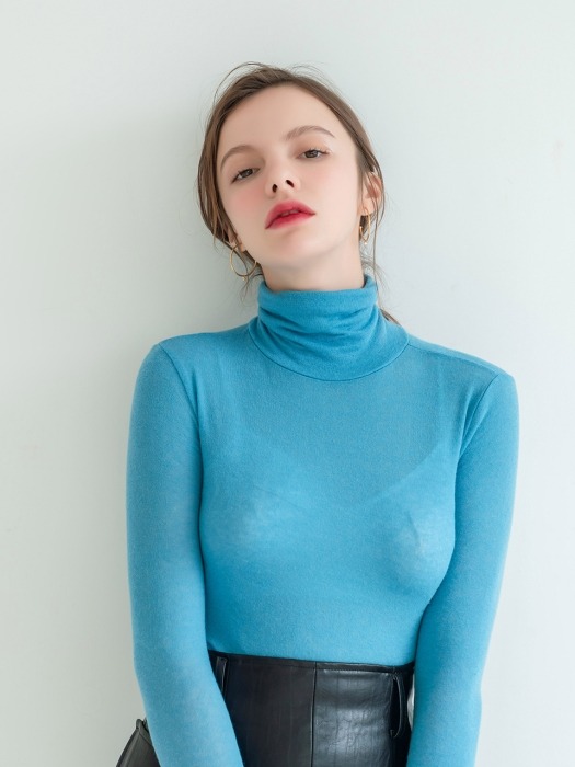 Wool Tencel Long Sleeve Turtle Neck Blue