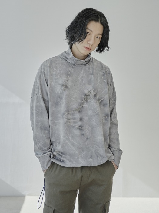 Water Washed High Neck String T-Shirts [Grey]