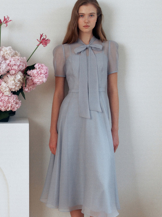 [14차]LILLE See-through puff shoulder ribbon tie dress (Soft blue/Lavender/Oatmeal/Black)