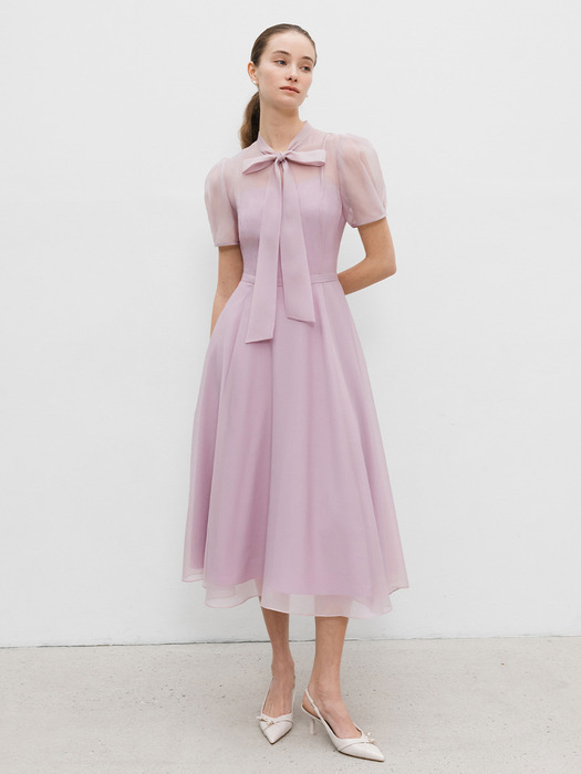 LILLE See-through Puff shoulder ribbon tie dress (Lavender/Oatmeal/Black)