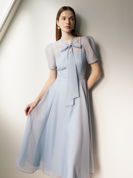[14차]LILLE See-through puff shoulder ribbon tie dress (Soft blue/Lavender/Oatmeal/Black)