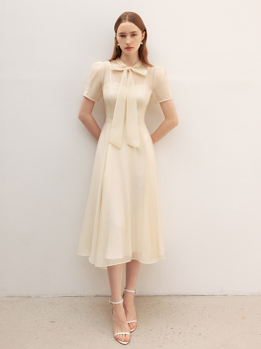 [14차]LILLE See-through puff shoulder ribbon tie dress (Soft blue/Lavender/Oatmeal/Black)