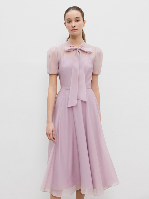 LILLE See-through Puff shoulder ribbon tie dress (Lavender/Oatmeal/Black)