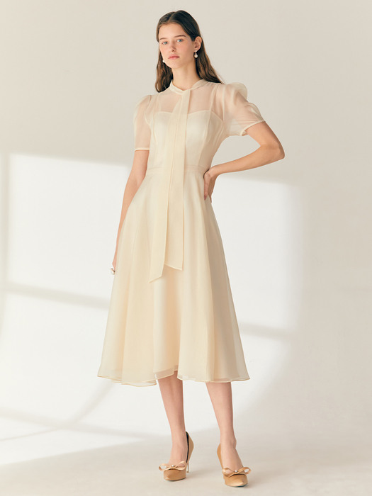 LILLE See-through Puff shoulder ribbon tie dress (Oatmeal/Black)