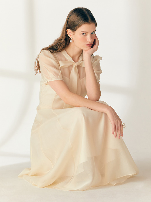 LILLE See-through Puff shoulder ribbon tie dress (Lavender/Oatmeal/Black)