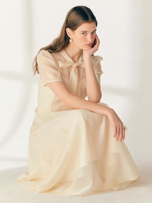 LILLE See-through Puff shoulder ribbon tie dress (Oatmeal/Black)