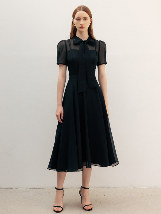 [14차]LILLE See-through puff shoulder ribbon tie dress (Soft blue/Lavender/Oatmeal/Black)