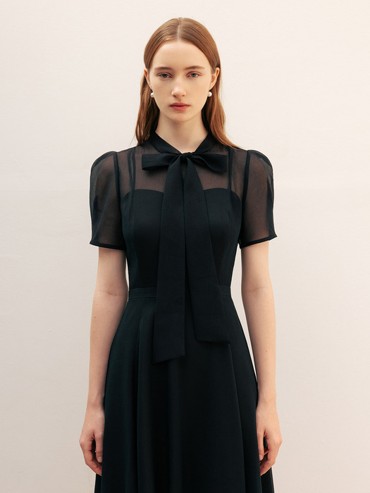 [14차]LILLE See-through puff shoulder ribbon tie dress (Soft blue/Lavender/Oatmeal/Black)