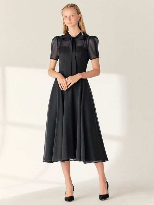 LILLE See-through Puff shoulder ribbon tie dress (Oatmeal/Black)