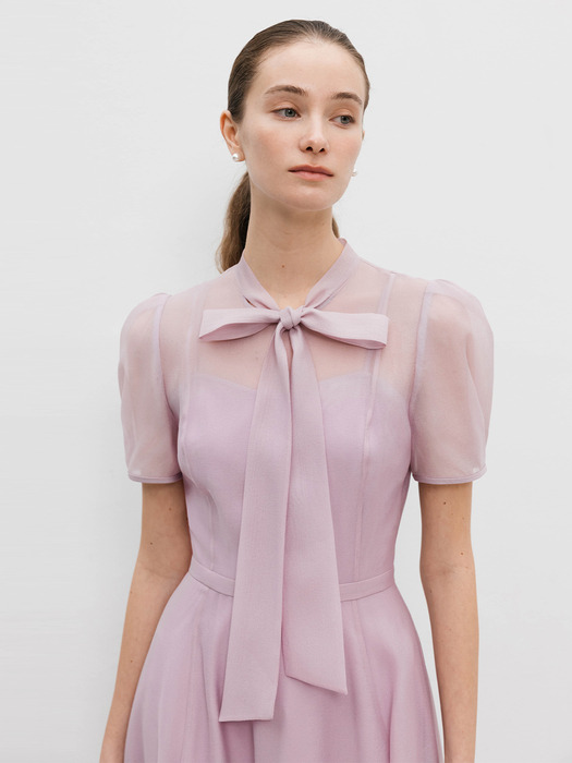 [14차]LILLE See-through puff shoulder ribbon tie dress (Soft blue/Lavender/Oatmeal/Black)