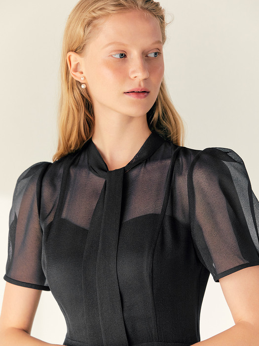 LILLE See-through Puff shoulder ribbon tie dress (Oatmeal/Black)