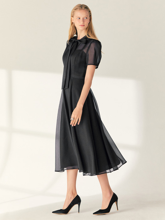 LILLE See-through Puff shoulder ribbon tie dress (Oatmeal/Black)