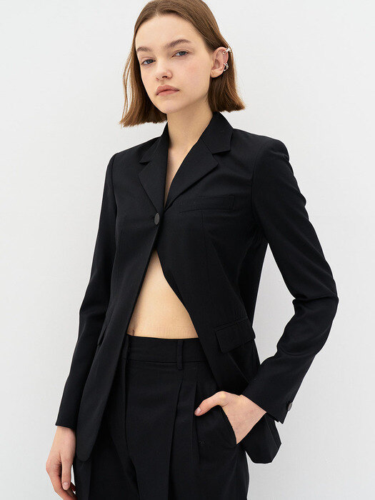 5P Wool Silk Single Blazer - Black