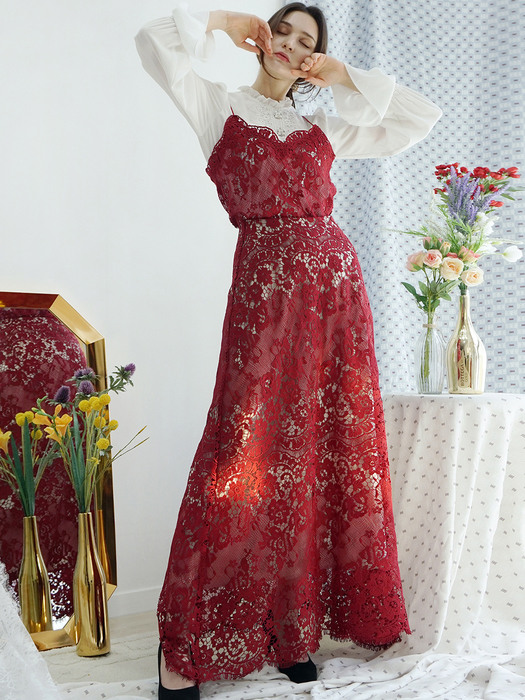 Red lace maxi skirt