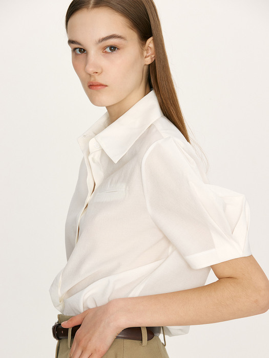 [N]EONGTTO Shirred short sleeve blouse (Light blue/White/Navy)