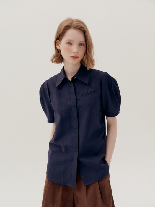 [N]EONGTTO Shirred short sleeve blouse (Light blue/White/Navy)