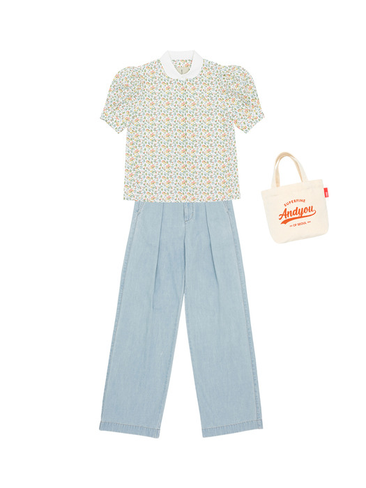 [N][SET] SAMYANG Puffed short sleeve blouse (Cream flower) + GASIRI Wide fit denim pants (Ice blue)
