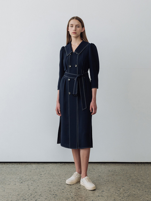 [단독] Double Button Belted Dress_NAVY