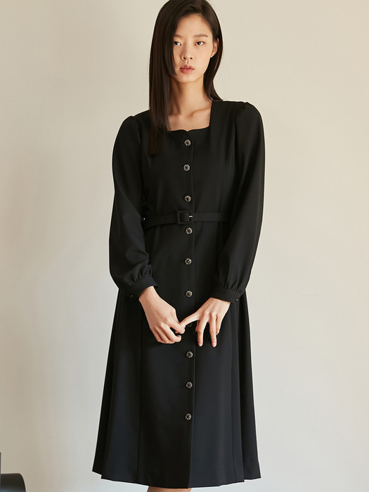 SQUARE NECK BELT LONG ONE-PIECE BASIC BLACK (SPECIAL BUTTON)