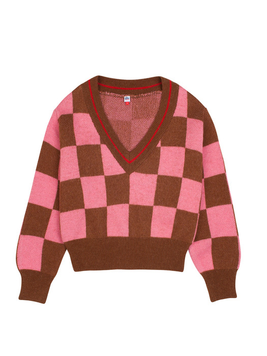 ATG V NECK CHECKERBOARD KNIT BROWN