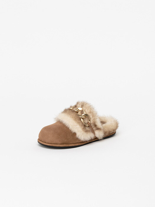 Labana Chained Faux-fur Slides in Brown Suede
