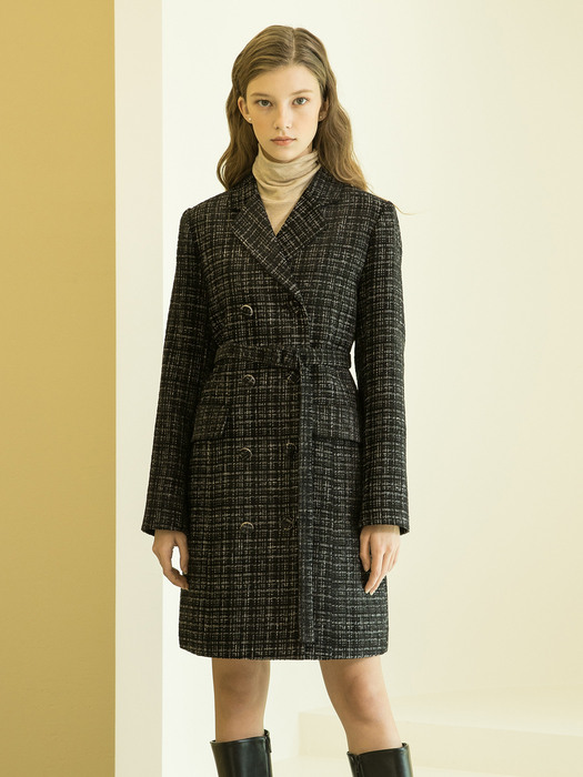 Tweed Double Jacket Belt Dress Black