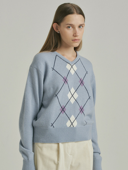 Argyle V-Neck Pullover Knit_SKY BLUE