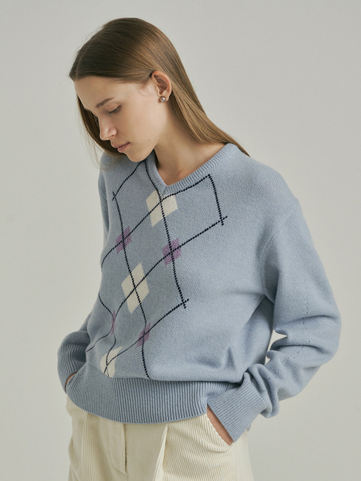 Argyle V-Neck Pullover Knit_SKY BLUE