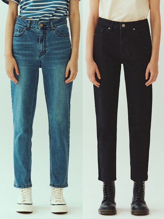 Mid-rise Straight Jeans 2 SET (MID BLUE+BLACK)