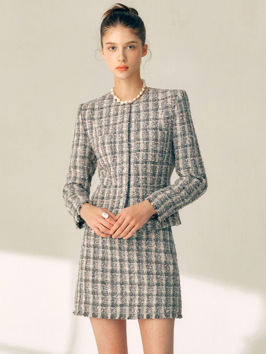 MELANIE Round neck tweed wool jacket (Deep gray)