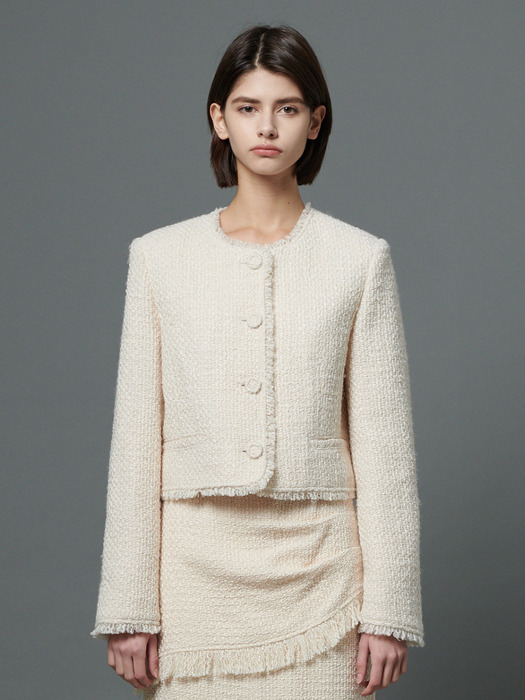 Fringed wool tweed jacket - Cream
