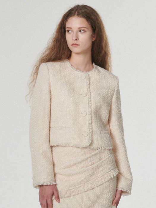 Fringed wool tweed jacket - Cream