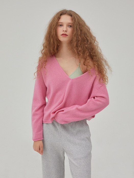 V-neck Knit Pullover - Pink