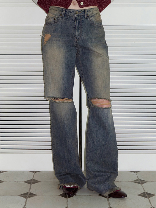 Washed ripped wide jeans. Dark blue