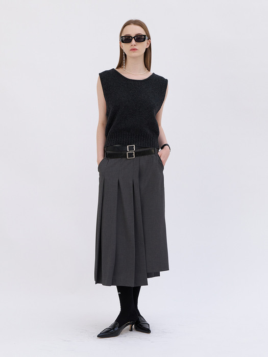 23 Spring_ Melange Grey Pleats Midi Skirt