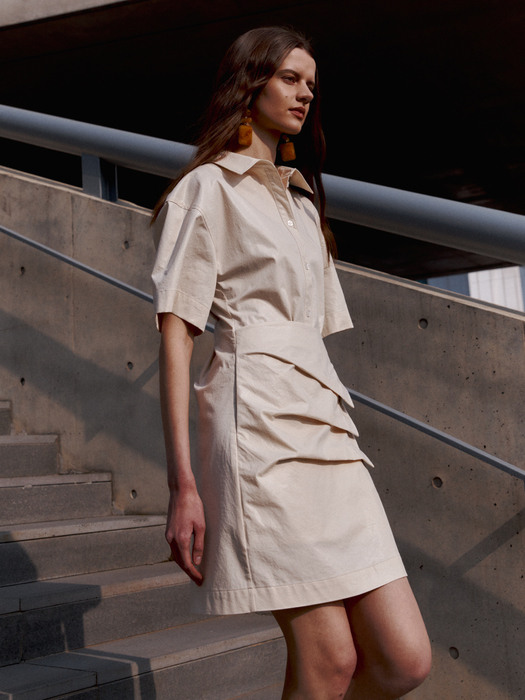 KRISTINE Coated Cotton Draped Shirt Dress_Ivory