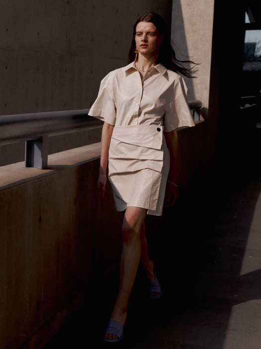 KRISTINE Coated Cotton Draped Shirt Dress_Ivory