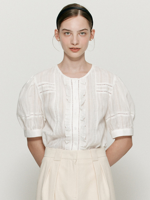 Striped lace tape frill blouse - Warm white