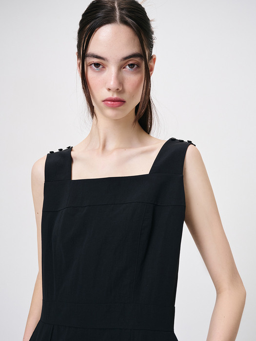 Shoulder Button Sleeveless Dress, Black