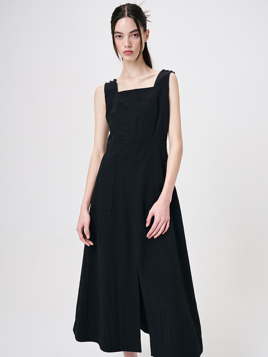 Shoulder Button Sleeveless Dress, Black