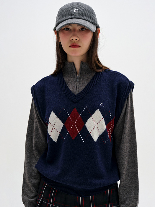 [23FW clove] Argyle Layered Knit (Navy)