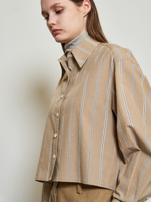 Oversized Stripe Cropped Shirt _BEIGE 