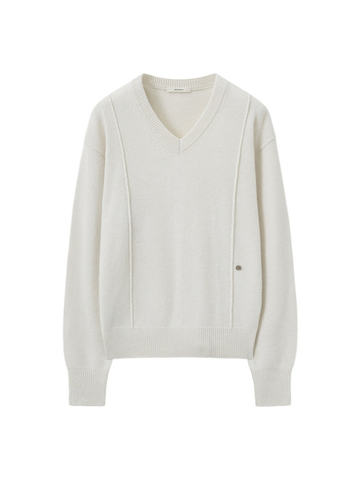 UNISEX, Rewe Pin tuck V Neck Sweater / Ivory