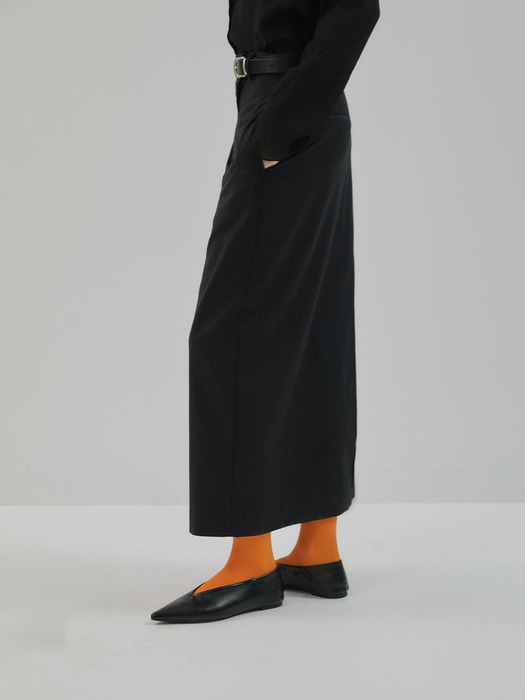 24SS Stripe Maxi Slit Skirt _black