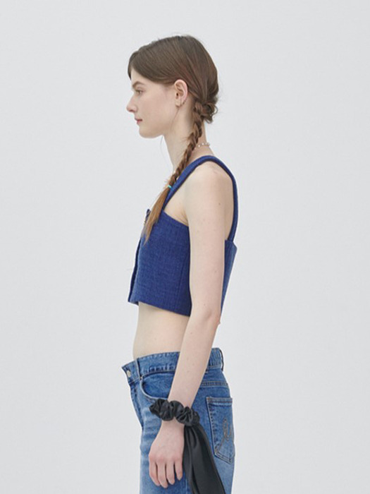 Tweed cropped tailored square neck sleeveless top - Deep blue